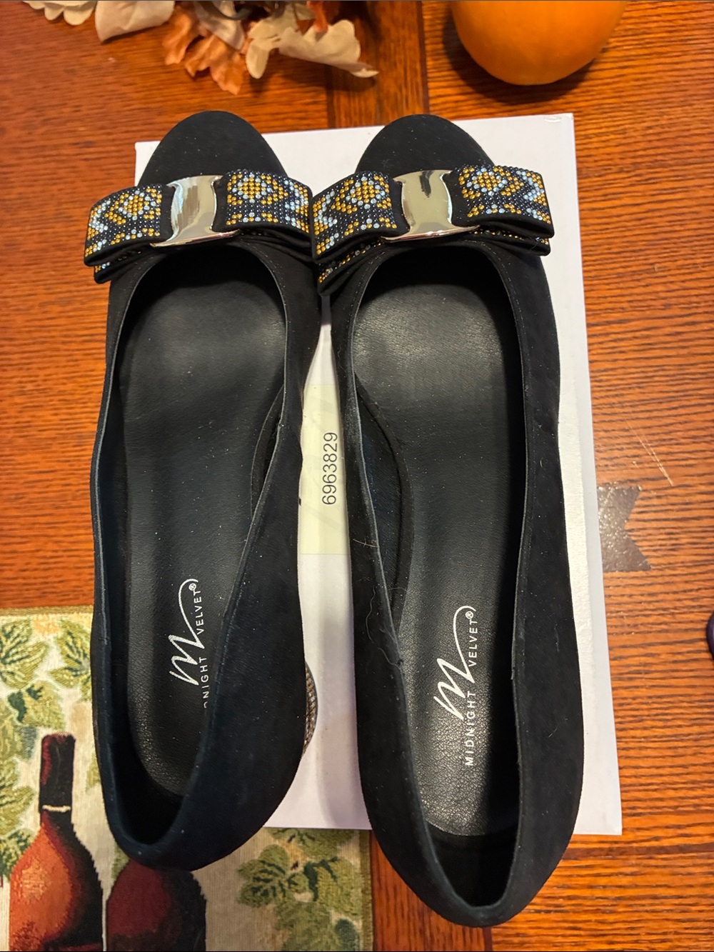 Midnight Velvet Black Flats with Beaded Bow Accent